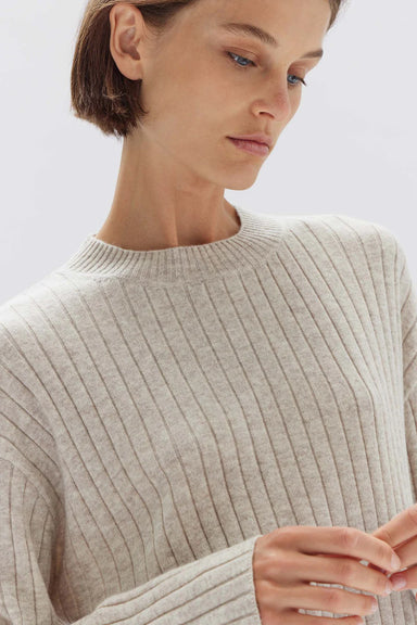 Wool Cashmere Rib Long Sleeve Top - Oat Marle