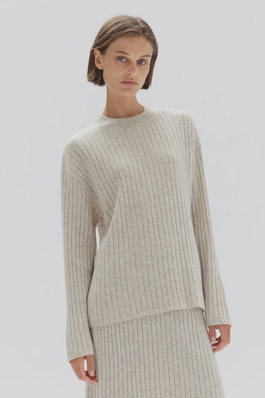 Wool Cashmere Rib Long Sleeve Top - Oat Marle